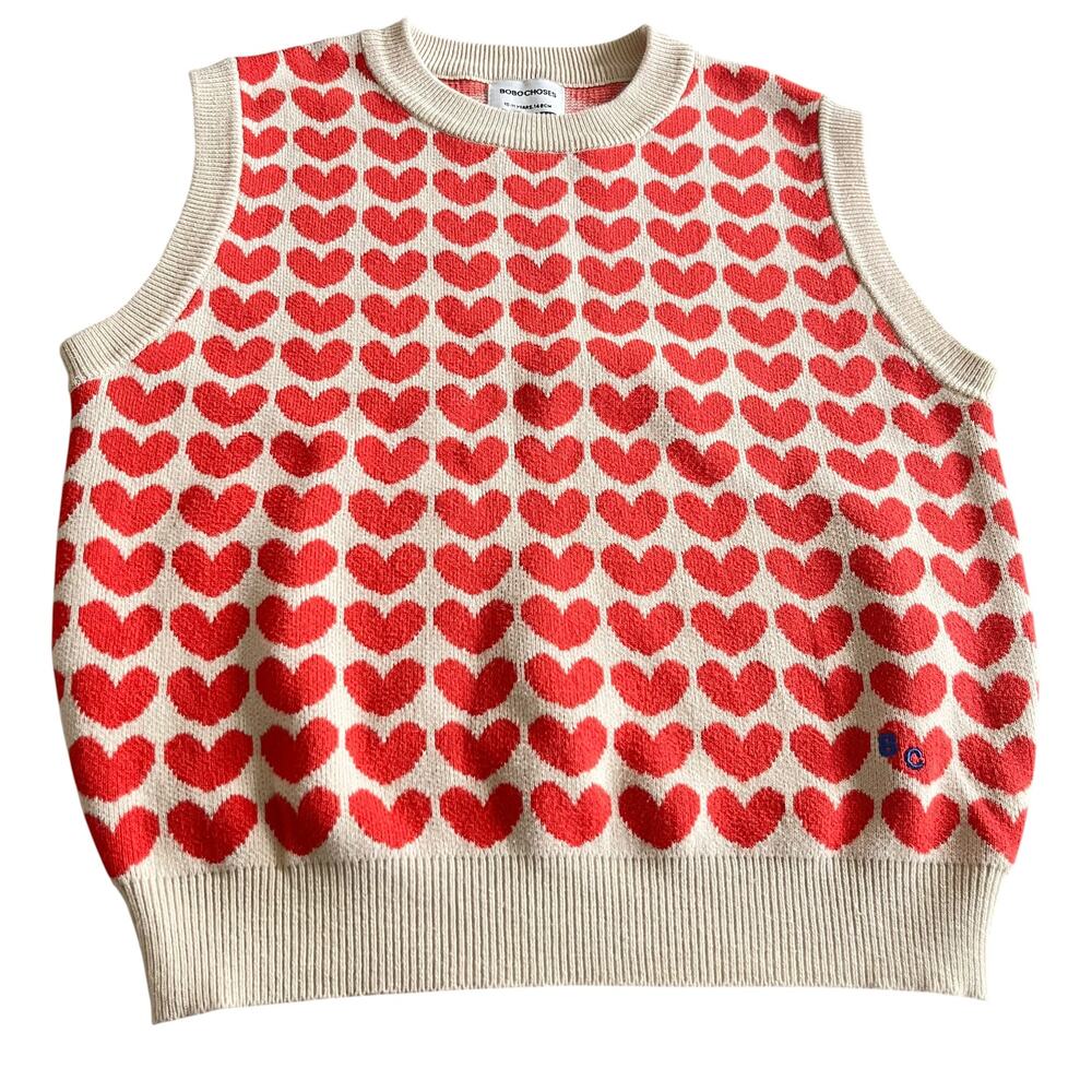 Bobo Choses Heart Jacquard Sweater Vest Beige Girls 10–11Y Cotton Knit